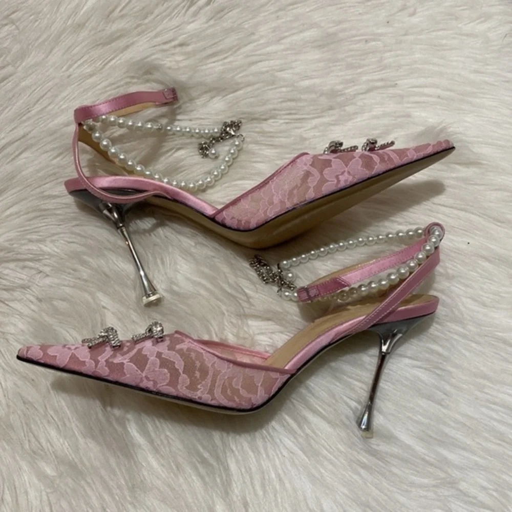 Mach & Mach Mini Bow embellished pink kitten lace pump heel‎ size 36EU